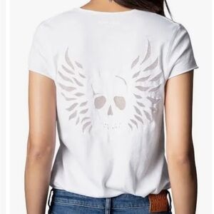 ZADIG and VOLTAIRE Tunisien MC Fishnet Wings Skull Shirt White Sz M NEW